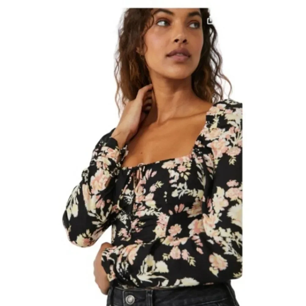 FREE PEOPLE Hilary Floral Cropped Top Square Neck Puff Sleeve Smocked Sz XL NWT